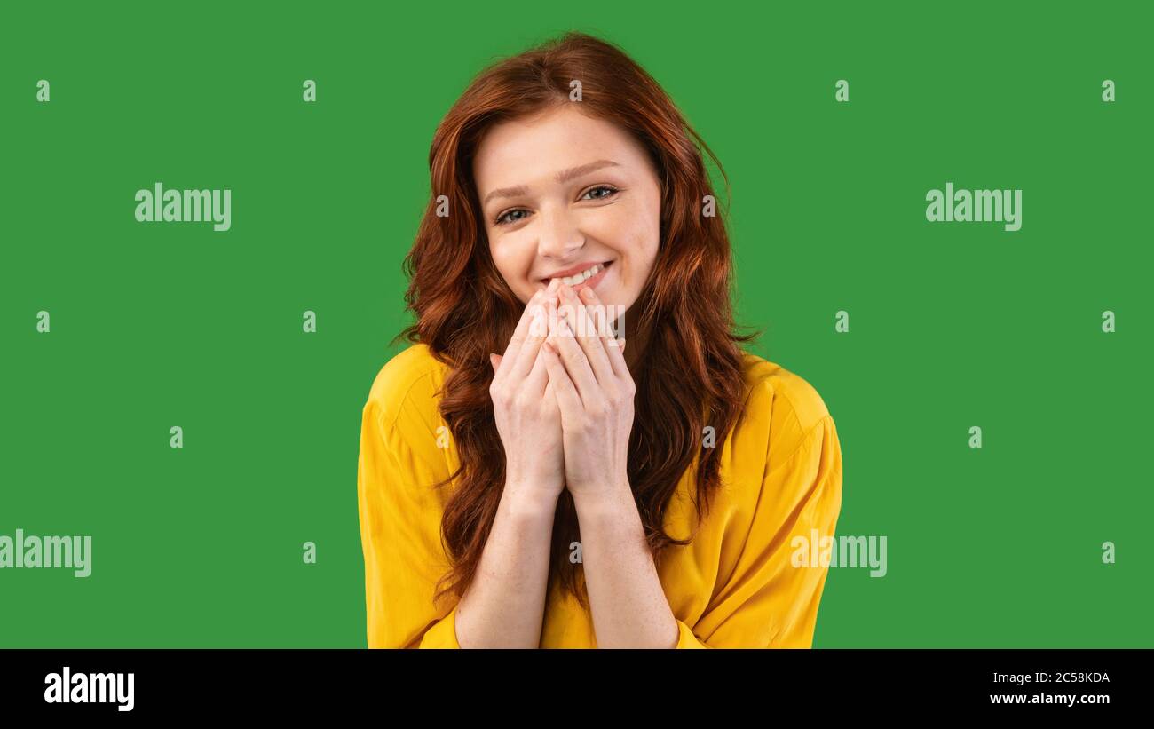 Cute Millennial Girl Smiling Posing Over Green Studio Background, Panorama Stock Photo