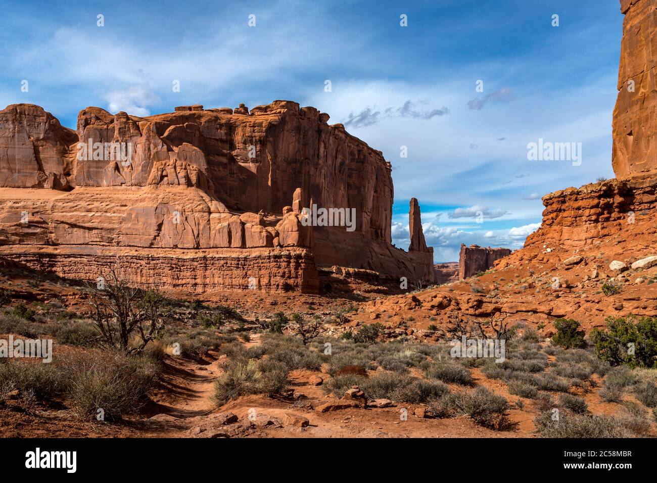 Scenic view of monolithic sandstone rock structures seen along the Park Avenue Trail with Tower