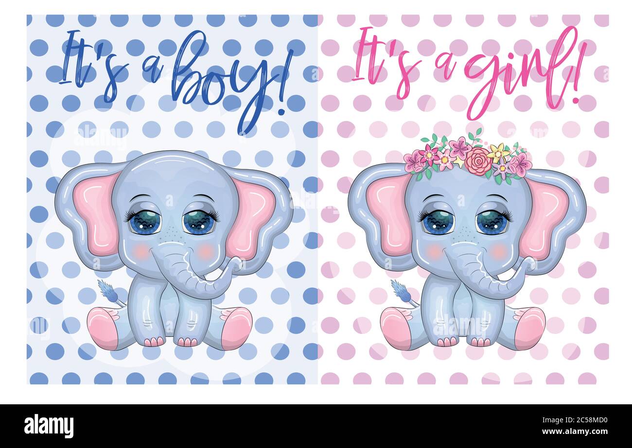 Baby Shower greeting card with Cute Elephant boy and girl Stock Vector ...