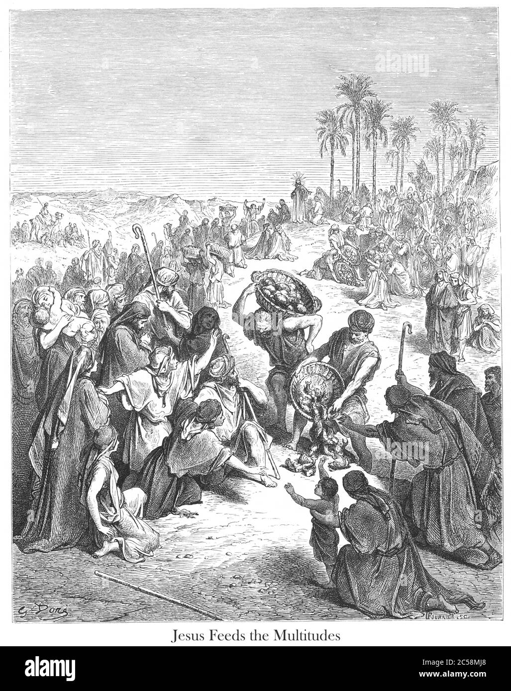 Christ Feeding the Multitude [Matthew 14:19] From the book 'Bible Gallery' Illustrated by Gustave Dore with Memoir of Dore and Descriptive Letter-press by Talbot W. Chambers D.D. Published by Cassell & Company Limited in London and simultaneously by Mame in Tours, France in 1866 Stock Photo