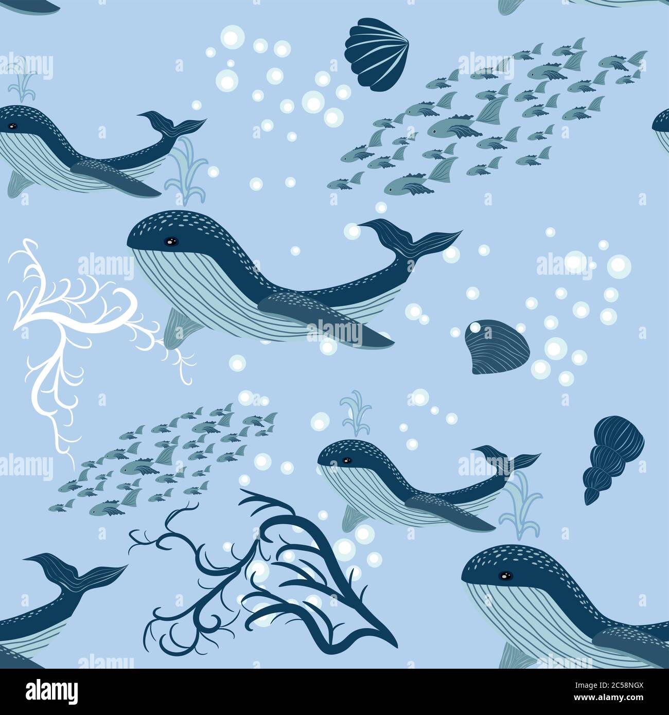 Seamless Pattern cute adorable beach funny theme, ocean blue whale ...
