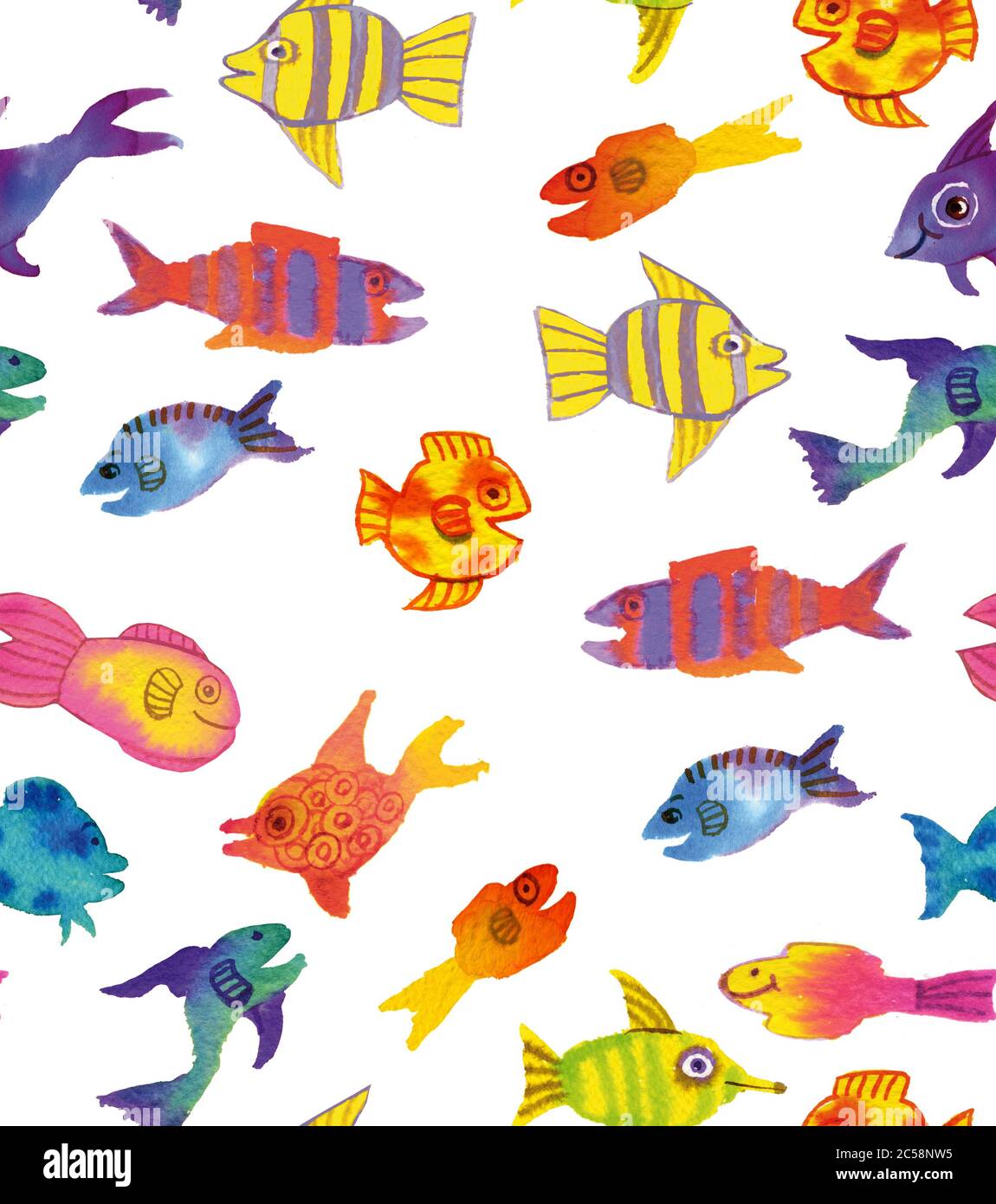 coloured cheerful fishes pattern watercolor illustration handmade painting Stock Photo
