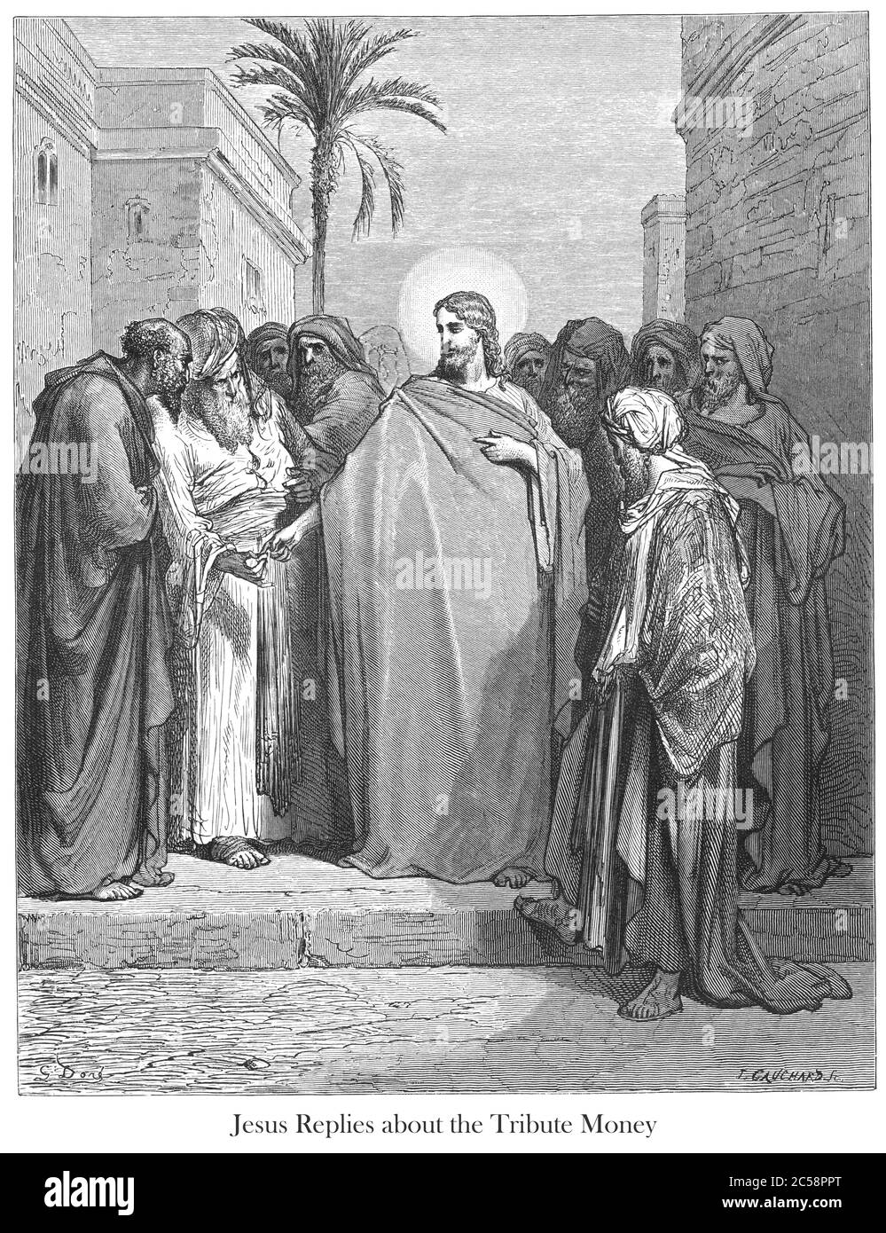 Christ and the Tribute Money [Matthew 22:20-21] From the book 'Bible Gallery' Illustrated by Gustave Dore with Memoir of Dore and Descriptive Letter-press by Talbot W. Chambers D.D. Published by Cassell & Company Limited in London and simultaneously by Mame in Tours, France in 1866 Stock Photo