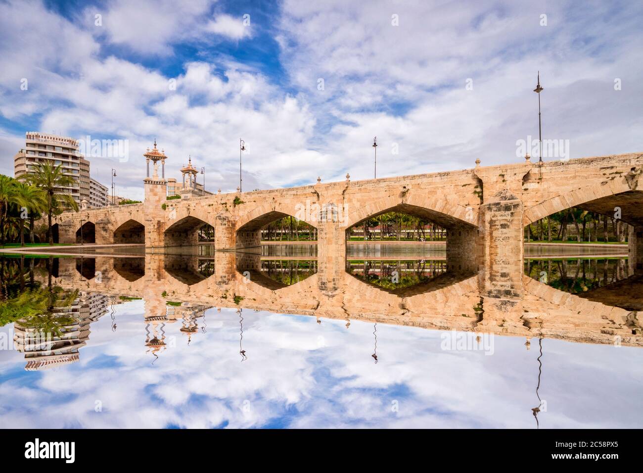 3 March 2020: Valencia, Spain - Puente del Mar, a historic bridge over the former course of the Turia River, now a public park. Stock Photo