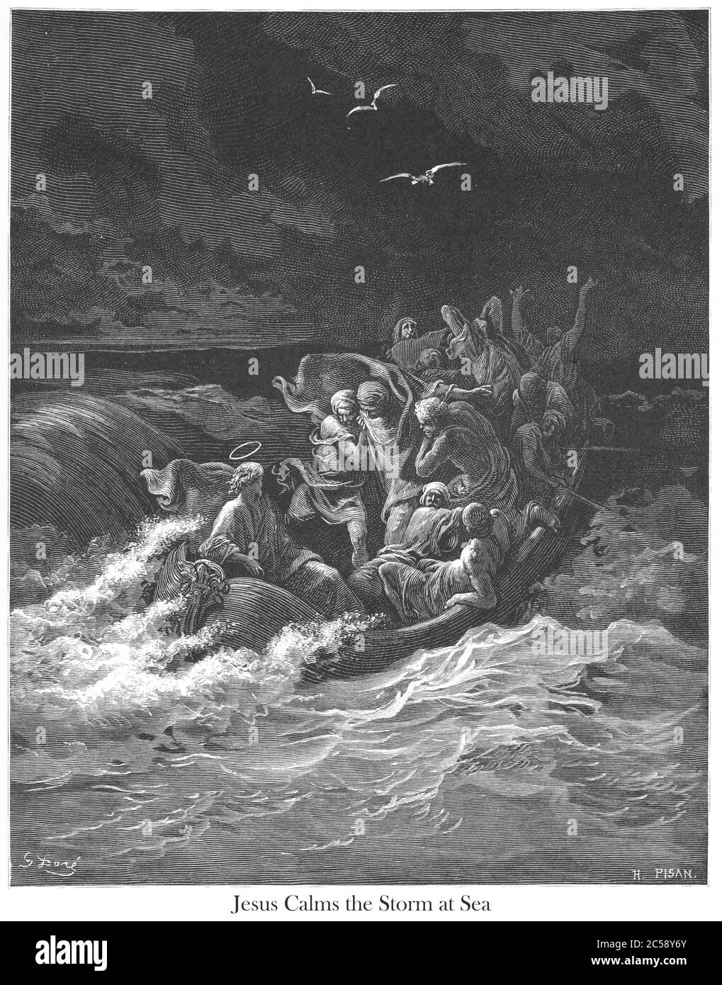 Jesus Stilling the Tempest or Jesus calming the storm [Mark 4:37-38] From the book 'Bible Gallery' Illustrated by Gustave Dore with Memoir of Dore and Descriptive Letter-press by Talbot W. Chambers D.D. Published by Cassell & Company Limited in London and simultaneously by Mame in Tours, France in 1866 Stock Photo