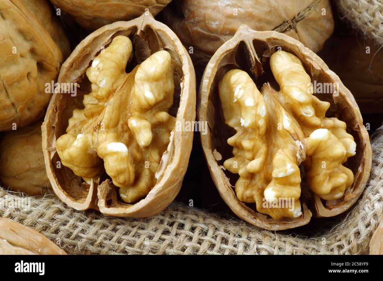 fresh walnuts in a burlap bag e on a white background Stock Photo