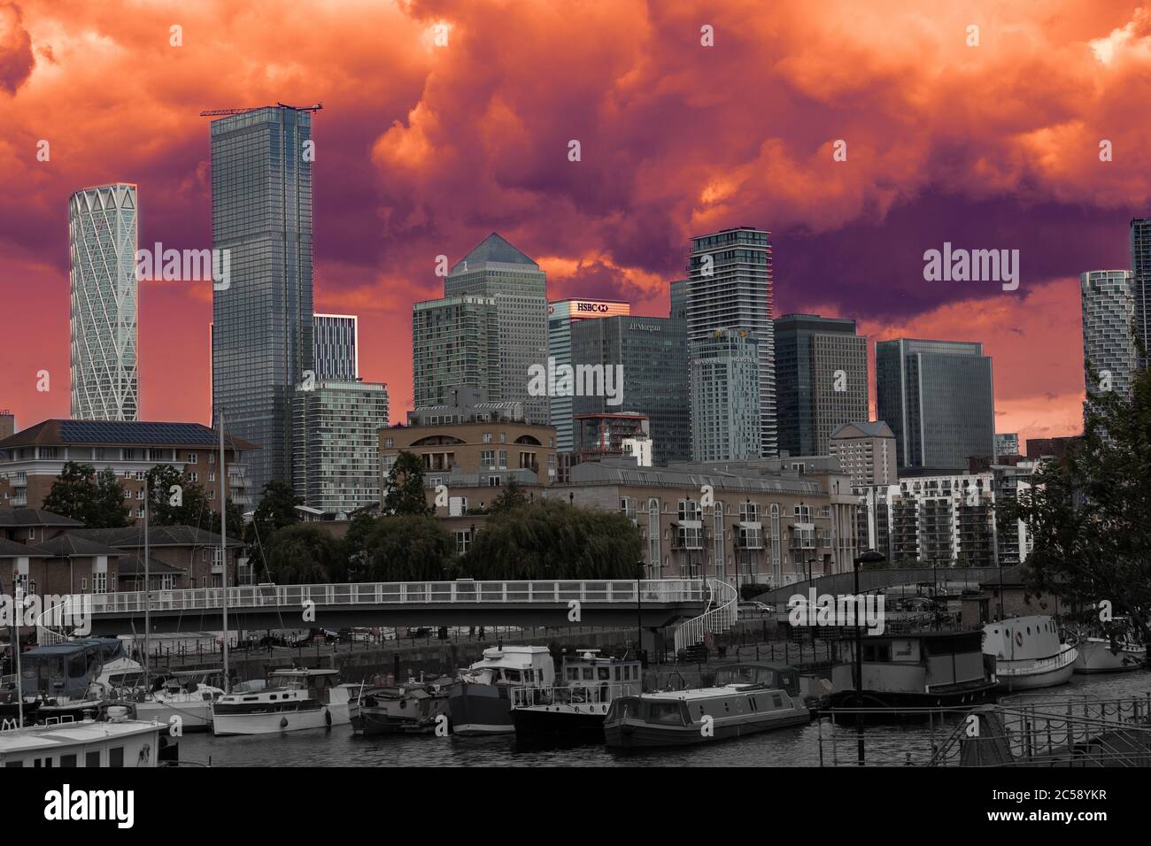Canary Wharf is the secondary central business district of London on the Isle of Dogs. Along with the City of London. Stock Photo