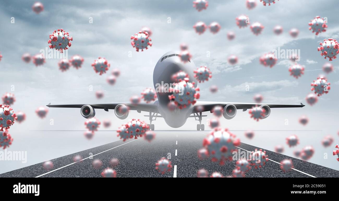 Covid-19 cells against airplane on a runaway Stock Photo