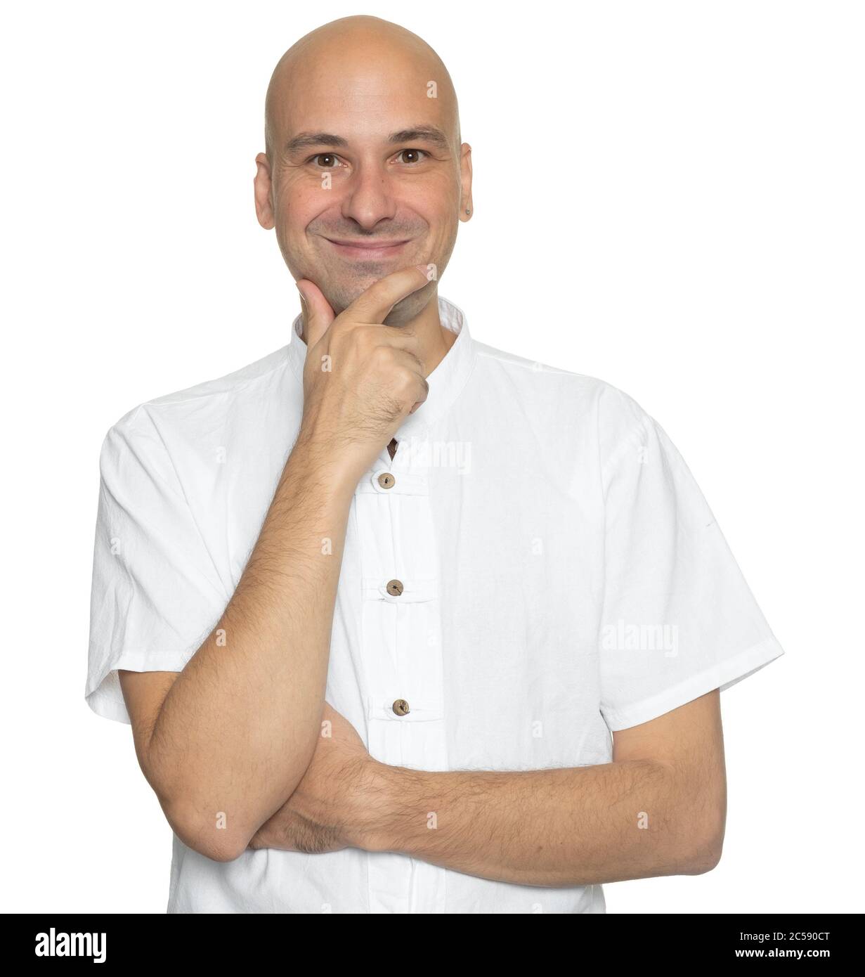 Handsome bald man in white shirt is smiling. Isolated Stock Photo