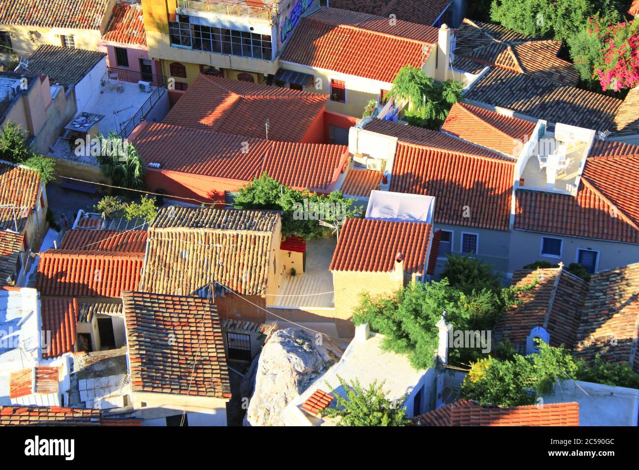 Greece, Athens, June 16 2020 - View of rooftops at Anafiotika, one of ...
