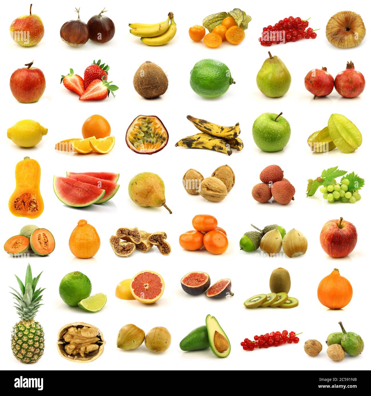 collection of fresh and colorful fruits and nuts isolated on white Stock Photo