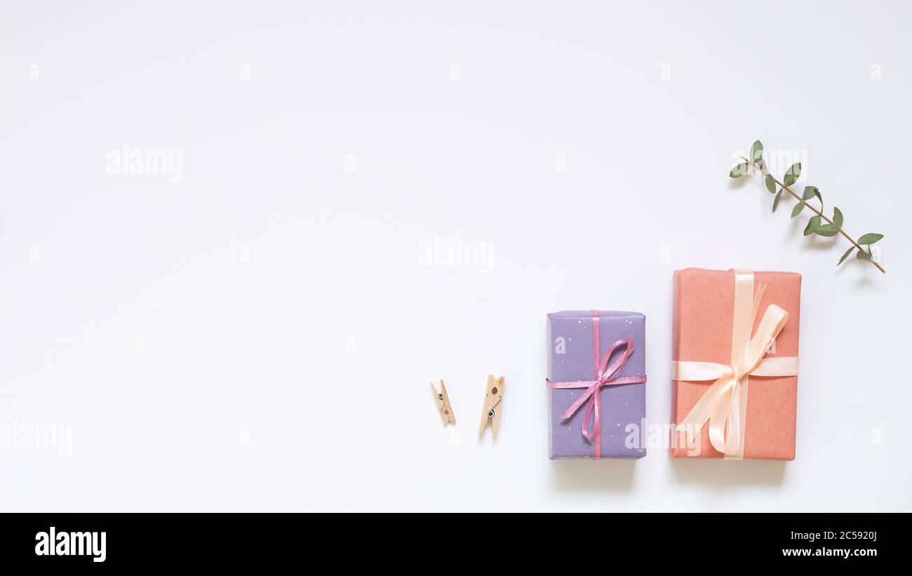 Gift boxes on white background. top view, copy space Stock Photo