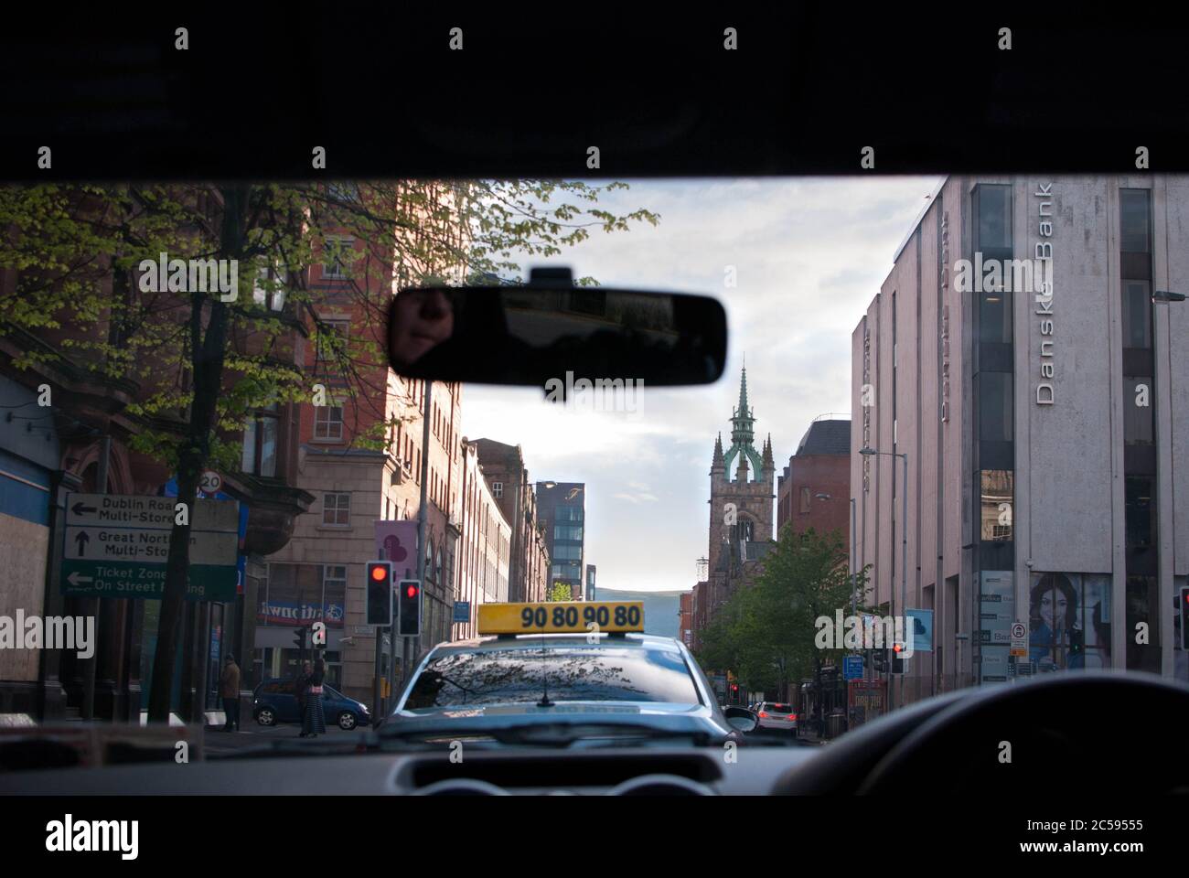 The view of a taxi on the street from inside a car Stock Photo