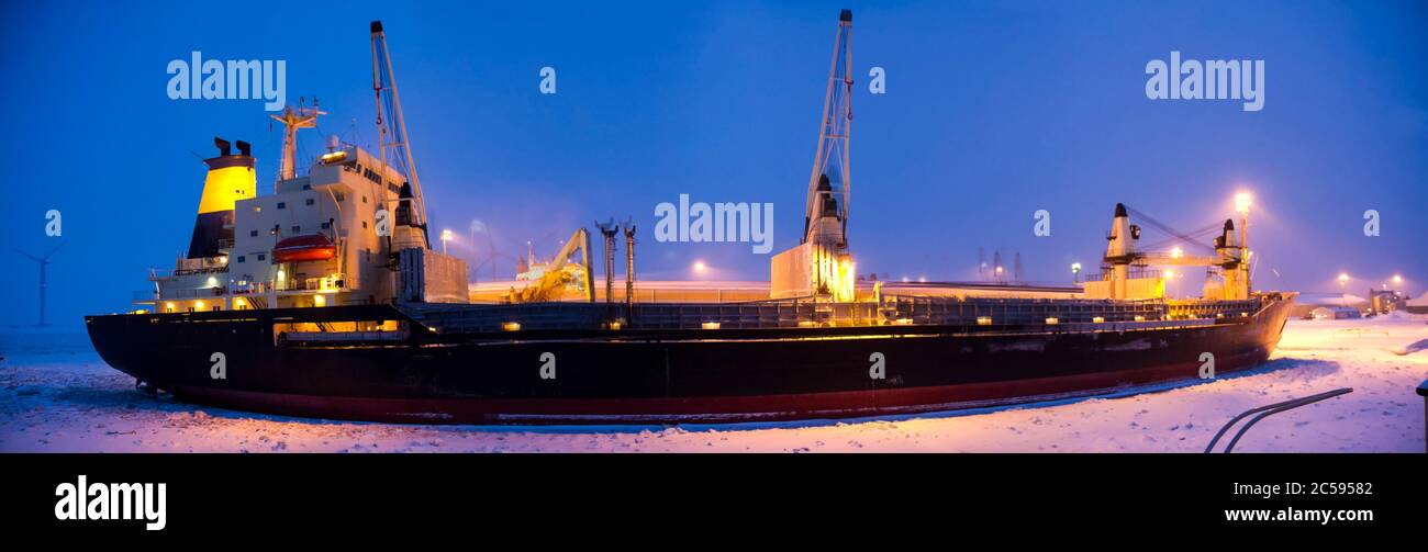 Icebreaker ship at night. Photographed in the arctic circle, Lapland Sweden Stock Photo