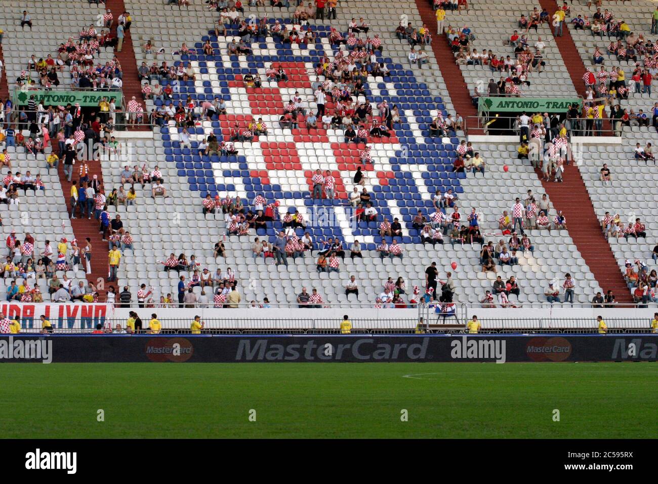 Split, Croatia - 17 August, 2005: Tribune with Hajduk's coat of arms of Poljud Stadium before the start of the friendly match Croatia - Brazil Stock Photo