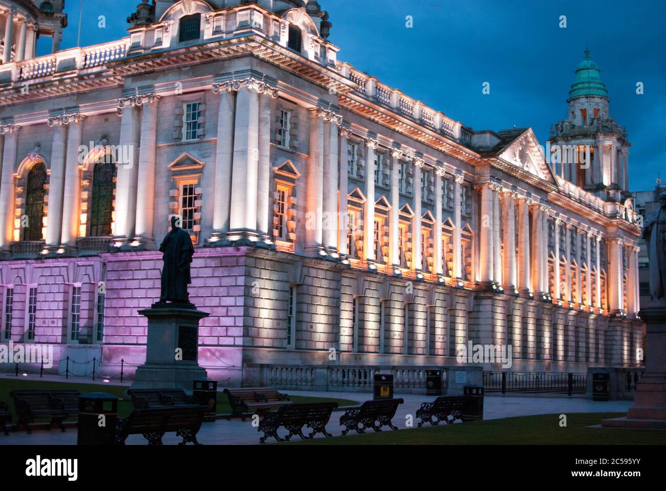 Town Hall in Belfast lighted during the night Stock Photo