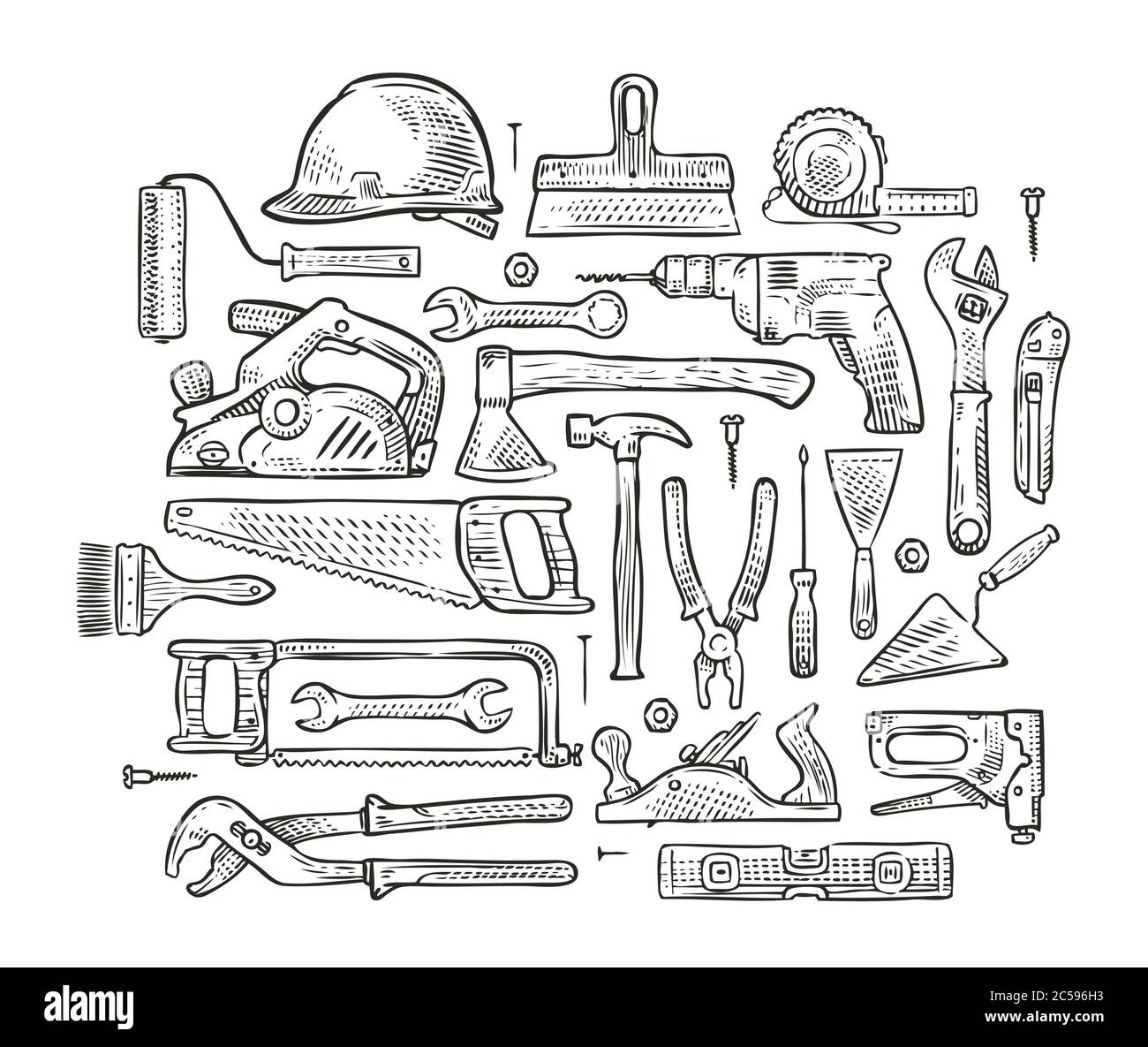 Building tools hand-drawn sketch. Construction vector illustration Stock Vector