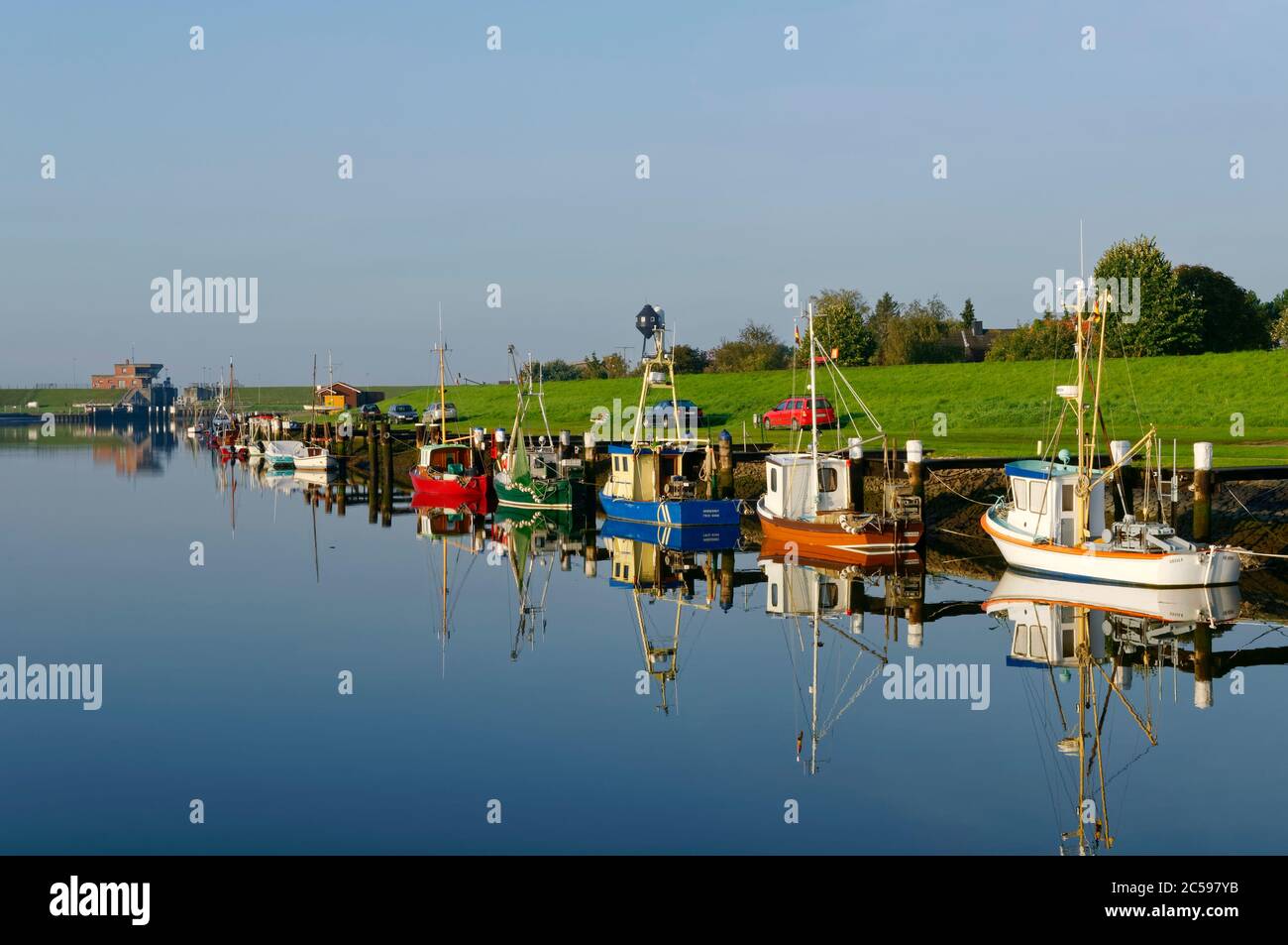 Friedrichskoog: Shrimp boats and fishing cutters in former harbour (till 2015), district of Dithmarschen, Schleswig-Holstein, Germany Stock Photo