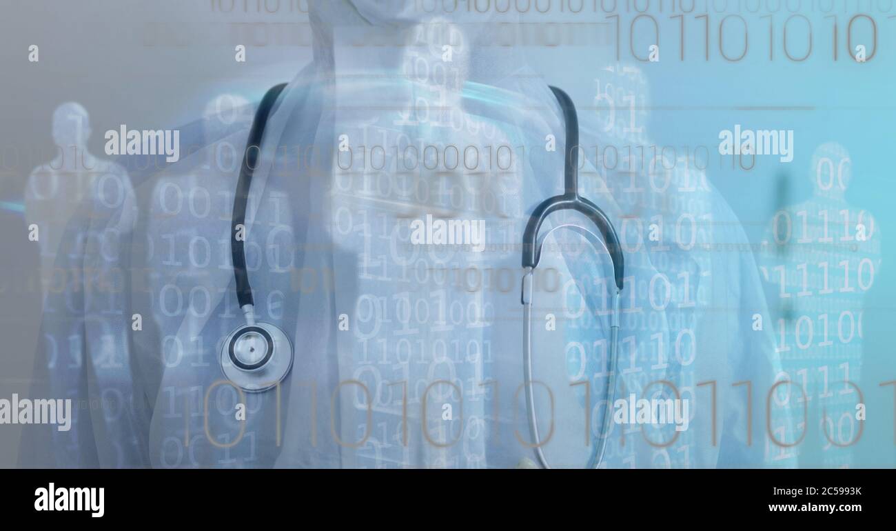 People silhouettes made of data against doctor wearing stethoscope Stock Photo