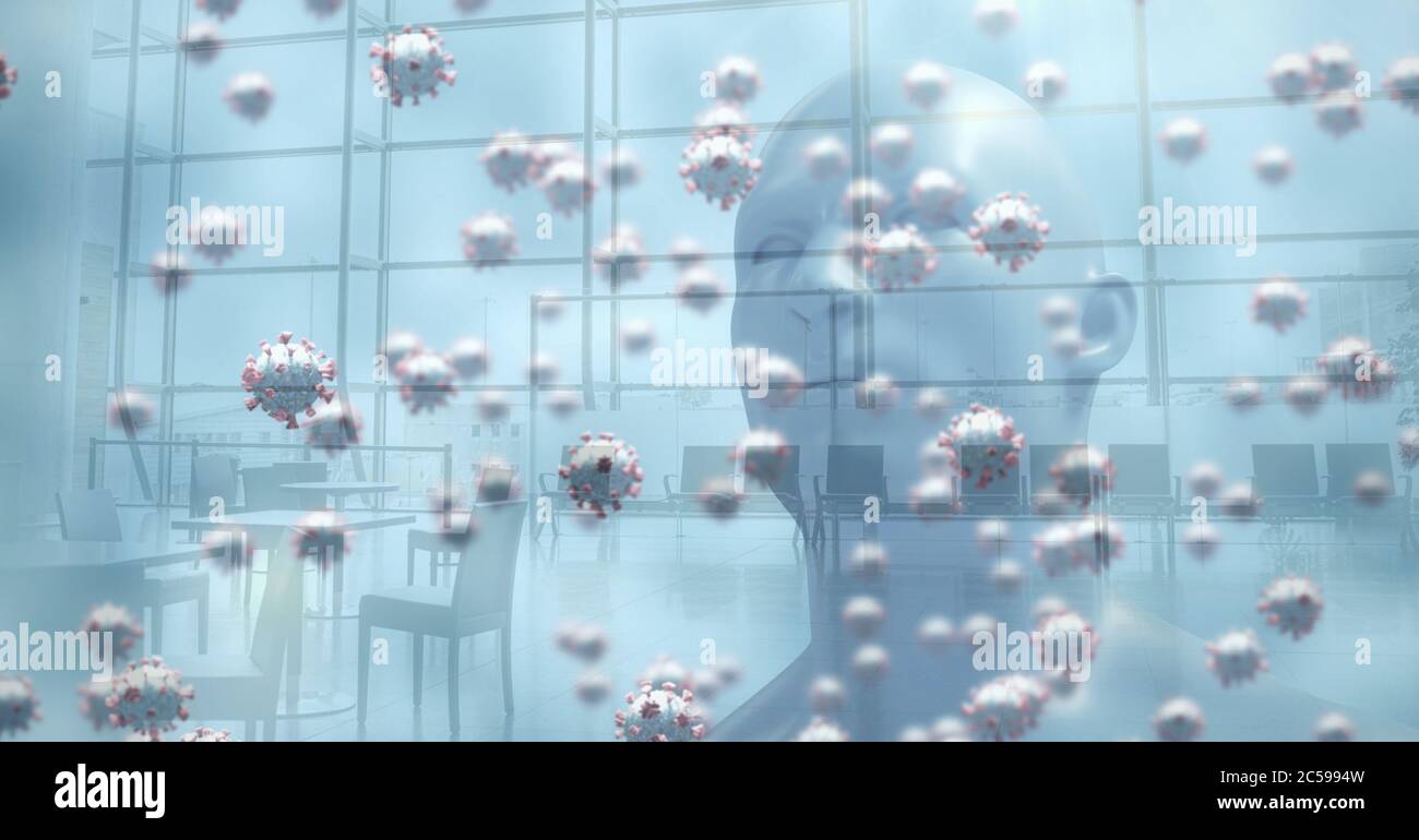 Covid-19 cells and 3D human head model against empty airport Stock Photo