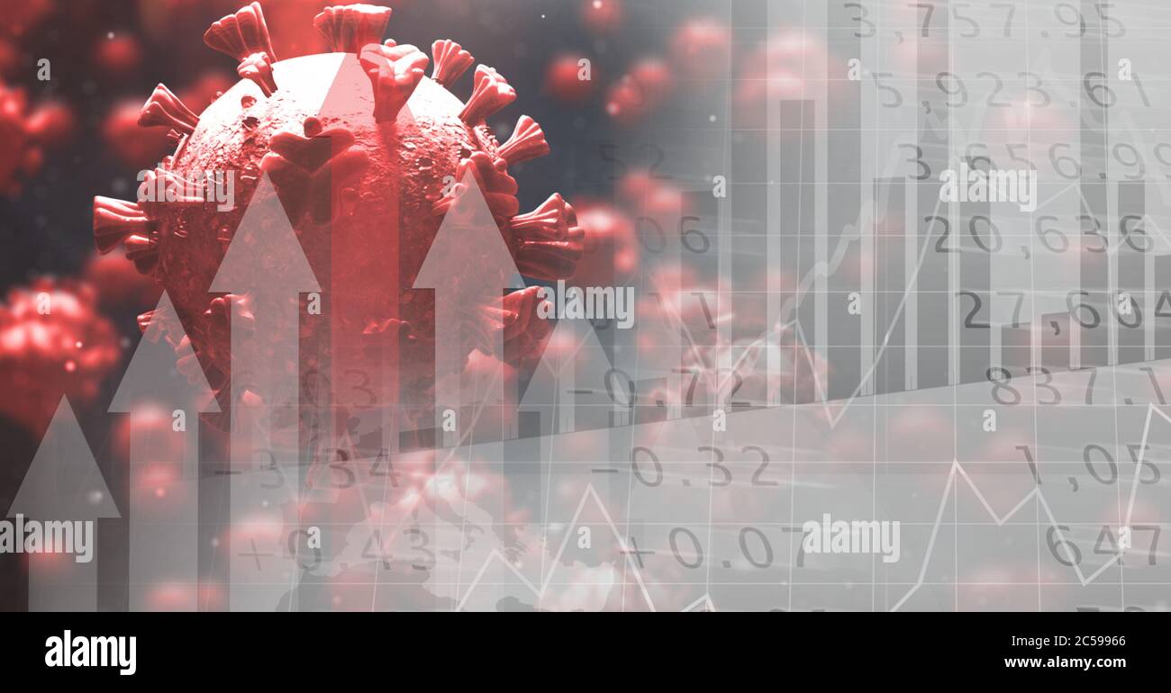 Covid-19 cells and arrows against statistical data in background Stock Photo