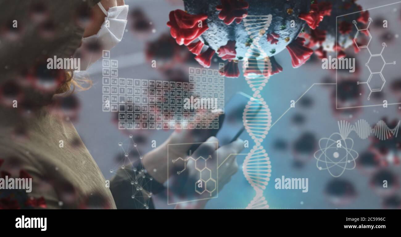 Covid-19 cells, DNA structure and periodic table against person using digital tablet Stock Photo