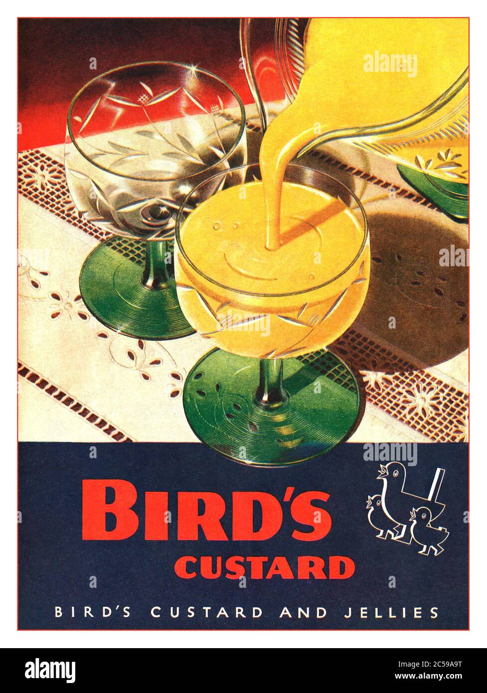 BIRDS CUSTARD Vintage retro press advertisement for Bird’s custard and jellies. Pouring prepared custard into dessert glasses Wartime press magazine ad from 1944 UK Stock Photo