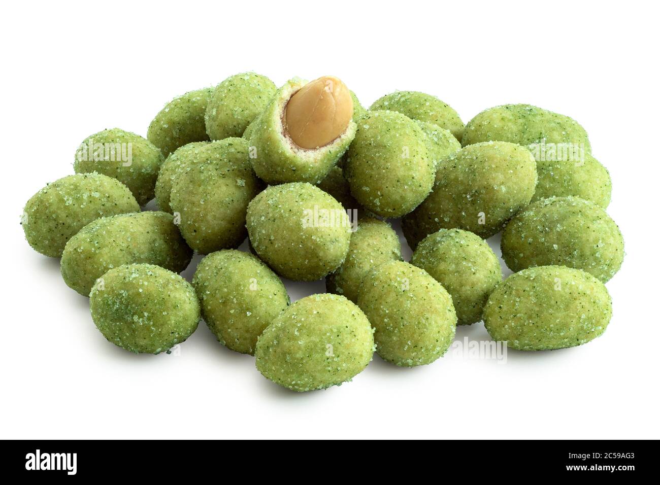 Pile of wasabi coated peanuts isolated on white. Visible peanut and