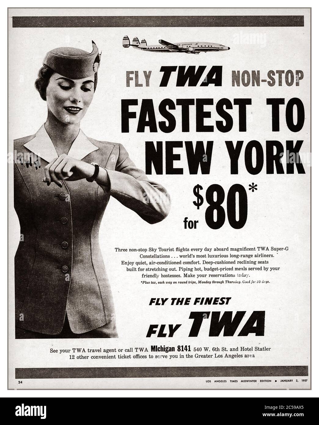 1950's TWA Aviation Flying press advertisement 'Fly TWA non-stop Fastest to New York $80  L.A. Times Midwinter Magazine - January 2, 1957 Stock Photo