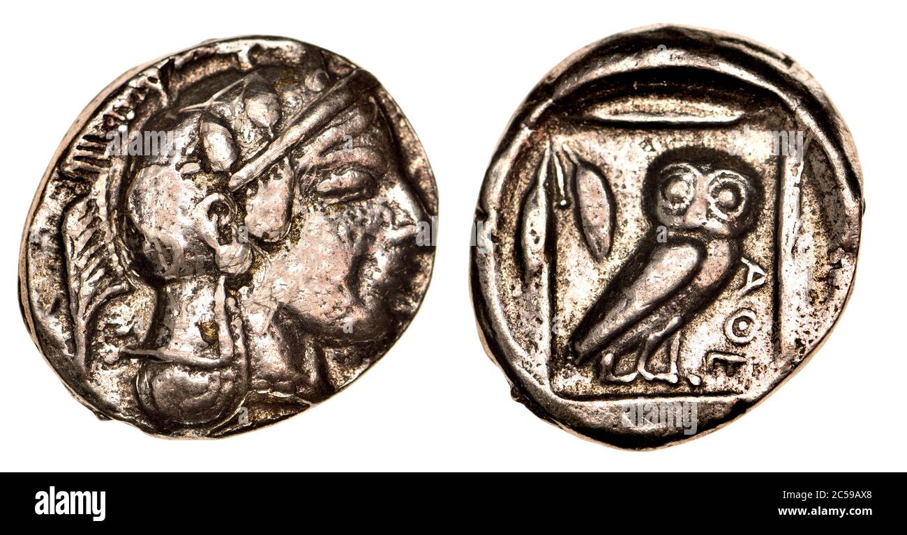 Ancient Greek Coin (reproduction) Silver Didrachm of Athens from c460 BC. Obverse; Head of Athena. Reverse; Owl Stock Photo