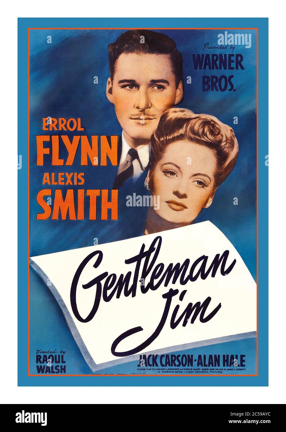 Vintage 1940's Cinema Movie Film Poster 'Gentleman Jim' is a 1942 film starring Errol Flynn as heavyweight boxing champion James J. Corbett (1866–1933). The supporting cast includes Alexis Smith, Jack Carson, Alan Hale, William Frawley, and Ward Bond. The movie was based upon Corbett's 1894 autobiography, The Roar of the Crowd, and directed by Raoul Walsh. The role was one of Flynn's favorites. Stock Photo