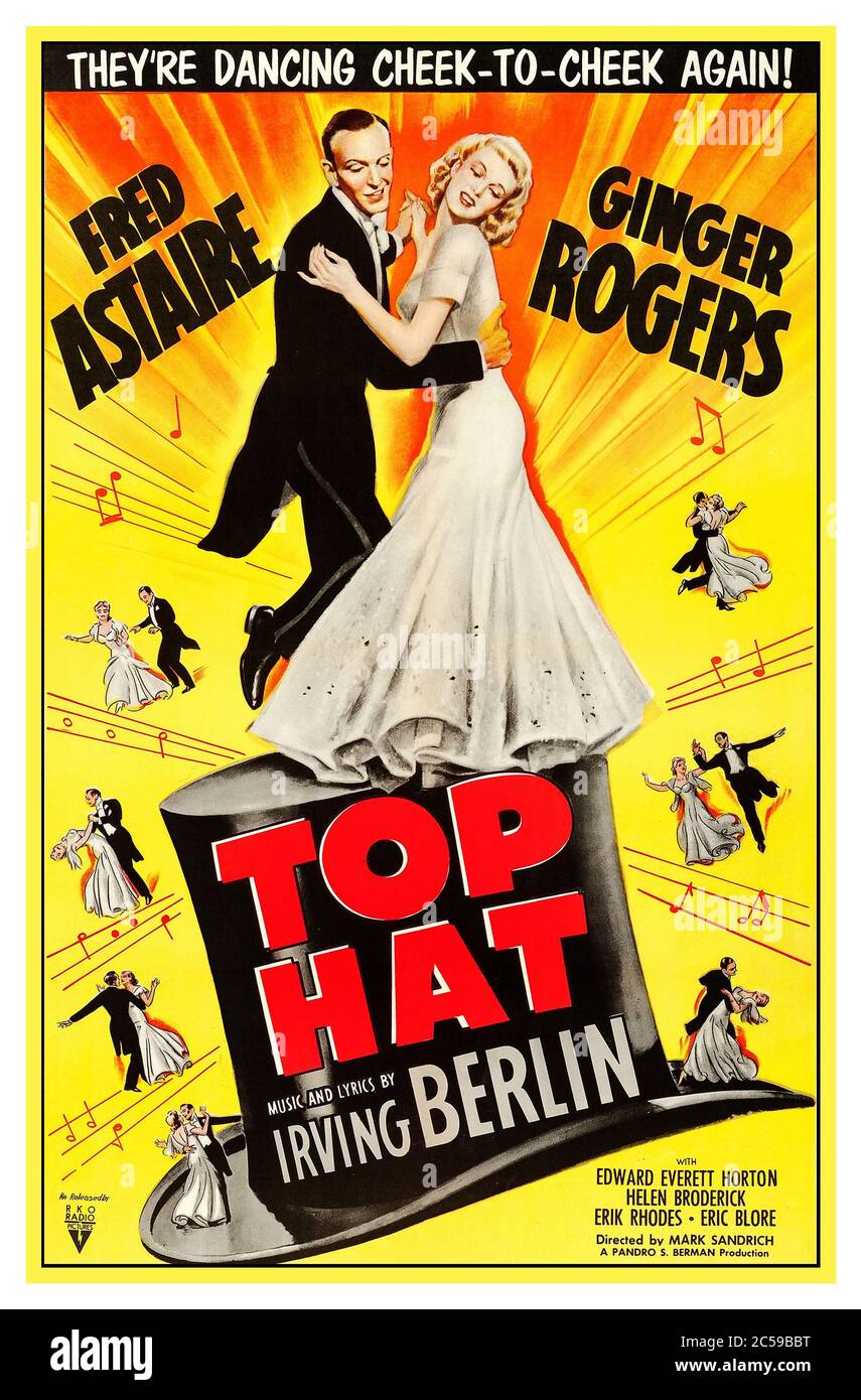 Vintage 1930's Top Hat movie starring Fred Astaire and Ginger Rogers is a 1935 American Irving Berlin musical comedy film in which Fred Astaire plays an American dancer named Jerry Travers, who comes to London to star in a show produced by Horace Hardwick (Edward Everett Horton). He meets and attempts to impress Dale Tremont (Ginger Rogers) to win her affection. The film also features Eric Blore as Hardwick's valet Bates, Erik Rhodes as Alberto Beddini, a fashion designer and rival for Dale's affections, and Helen Broderick as Hardwick's long-suffering wife Madge. Stock Photo