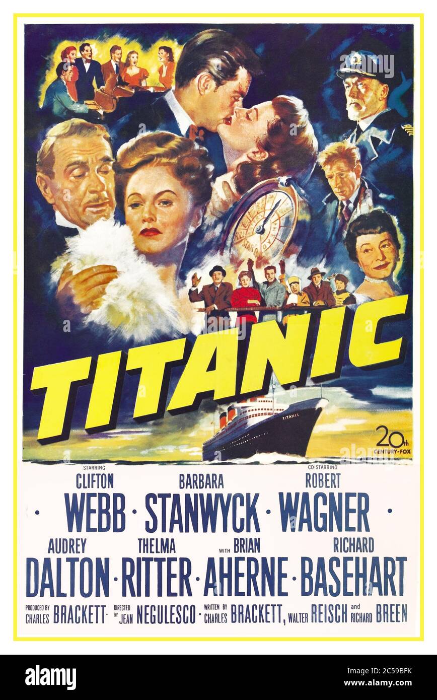 Vintage 1950's movie poster for Titanic a 1953 American drama film directed by Jean Negulesco. Its plot centers on an estranged couple sailing on the maiden voyage of the fated RMS Titanic, which took place in April 1912. Starring Clifton Webb Barbara Stanwyck Robert Wagner Audrey Dalton Thelma Ritter Produced by Charles Brackett Stock Photo
