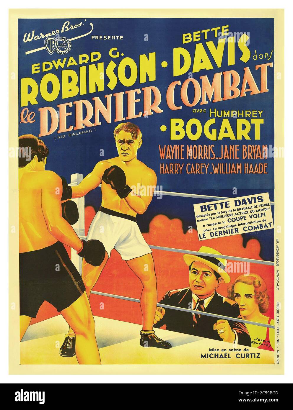 Vintage 1937 movie film with French title: 'Le dernier combat'  Directed by Michael Curtiz with Edward G. Robinson, Bette Davis, Humphrey Bogart. also starring Wayne Morris, Jayne Bryan, Harry Carey, William Haade. Boxing themed lithograph poster produced by Warner Brothers Stock Photo