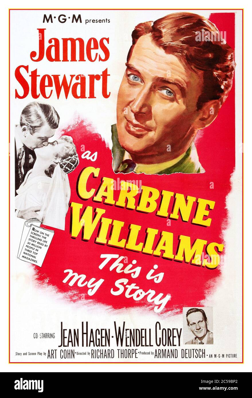 Vintage Movie Film Poster Carbine Williams (1952) starring James Stewart   Also Stars: Jean Hagen, Wendell Corey Directed by Richard Thorpe. David Marshall Williams is sent to a prison farm where he works in the tool shop and eventually develops the precursor of the famous M-1 Carbine automatic rifle used in World War II. Stock Photo