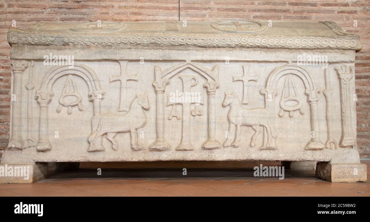 RAVENNA, ITALY - JANUARY 29, 2020: The detail of early christian tomb in the church Basilica of Sant Apollinare in Classe. Stock Photo
