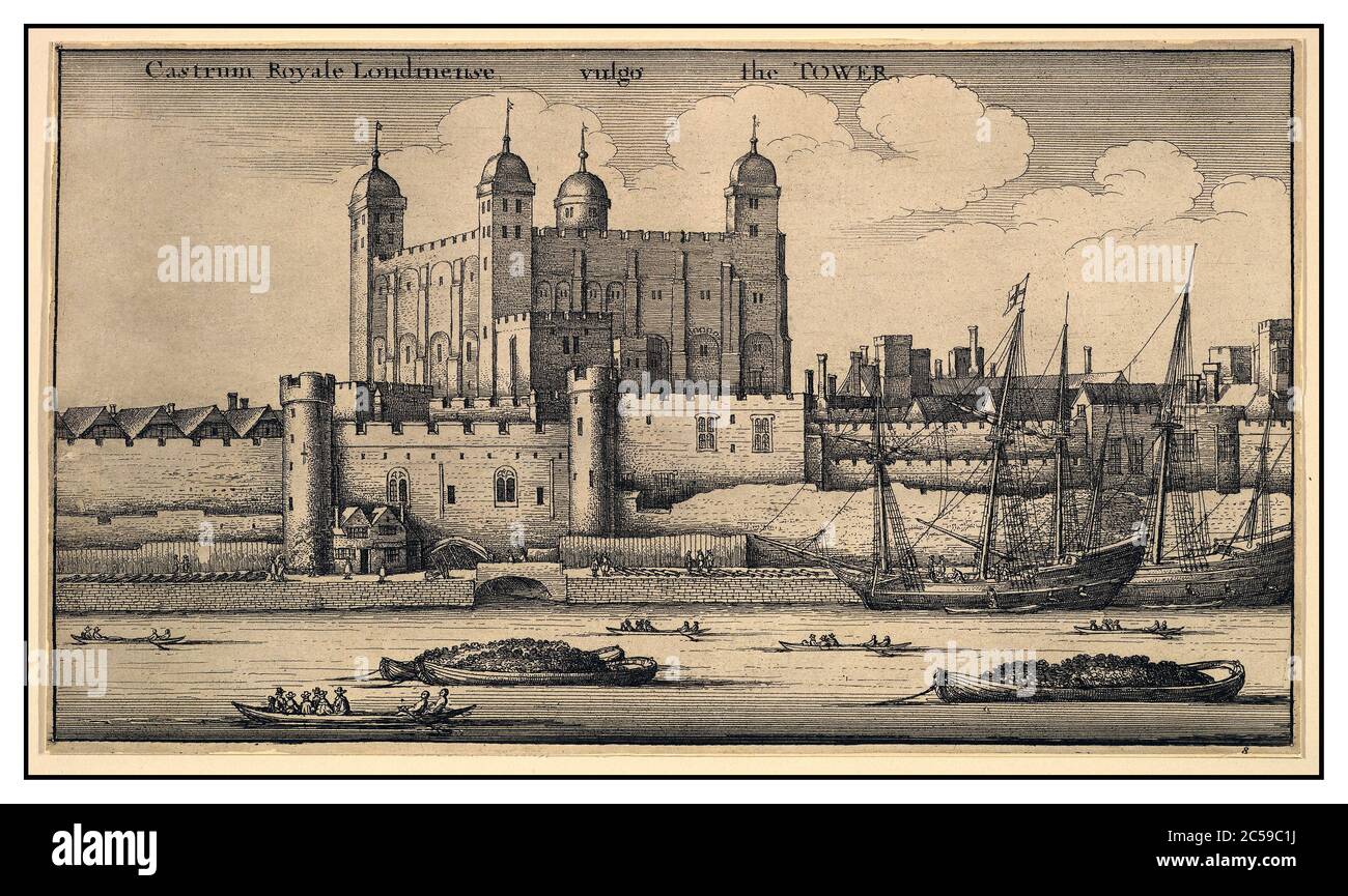 VINTAGE TOWER OF LONDON OLD Early 17th Century Lithograph  illustration archive print of The Tower of London viewed across the River Thames London 1600's Vaclav Hollar 1677 Stock Photo