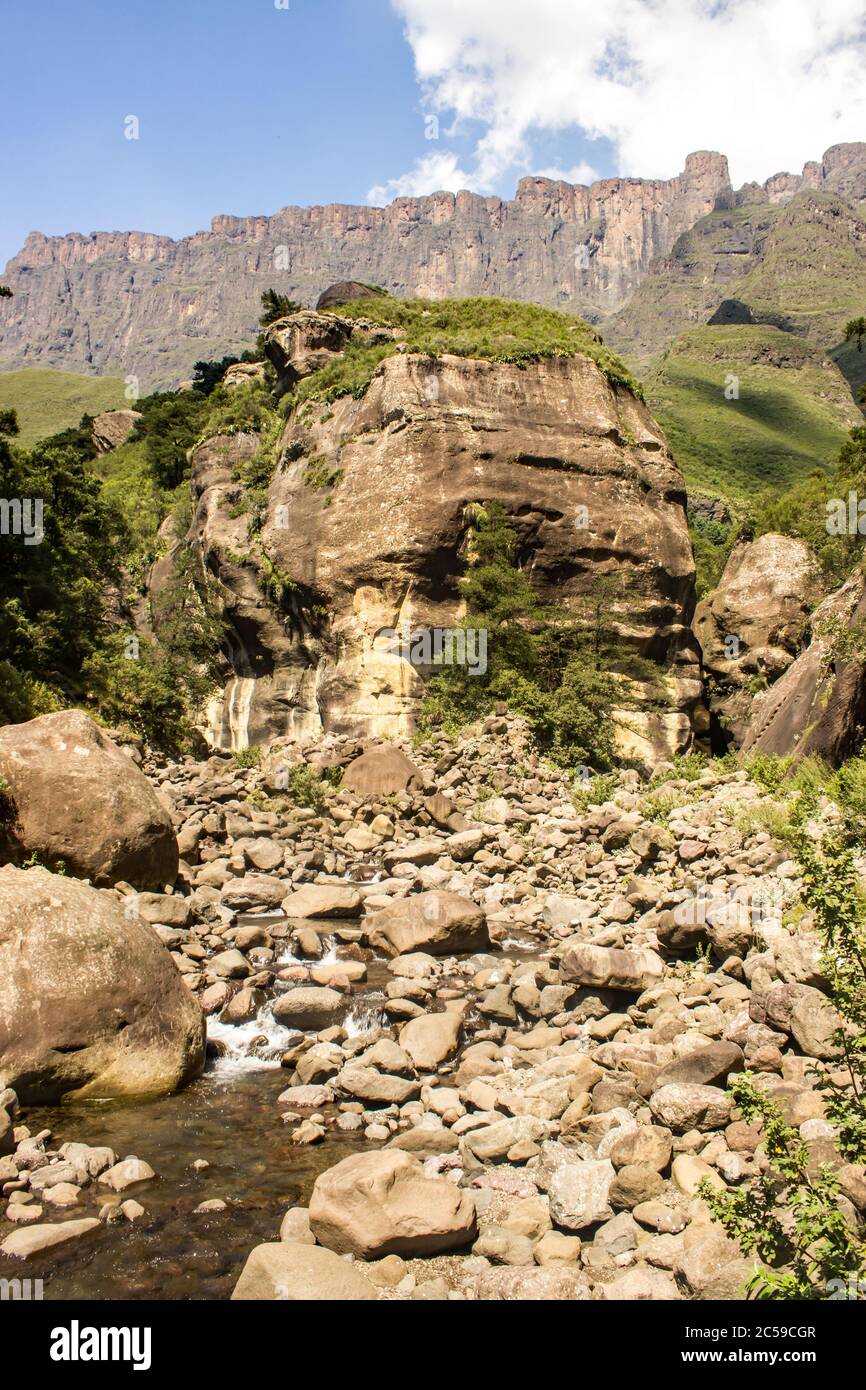 The upper flows of the Tugela River, high in the mountains of Royal Natal in the Drakensberg mountains of South Africa Stock Photo