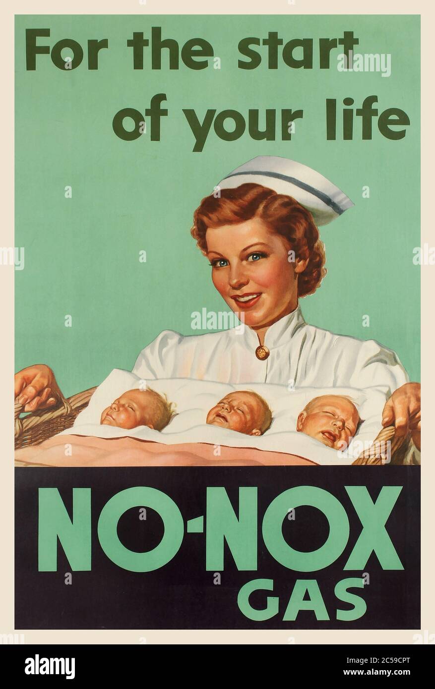 PETROL PETROLEUM GAS HEALTH BENEFITS USA Vintage 1940's advertising poster  'For the start of your life' - 'No-Nox Gas'. Poster published by Gulf Oil corporation to be displayed at all gas stations not retailing Gulflex Services, featuring a nurse carrying a basket with three sleeping babies. Litho. in USA. Stock Photo