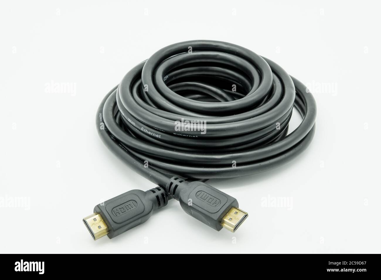 Isolated image of a new generation of HDMI to HDMI 4K TV connection cables  used to connect to consoles, set top boxes and BlueRay players Stock Photo  - Alamy