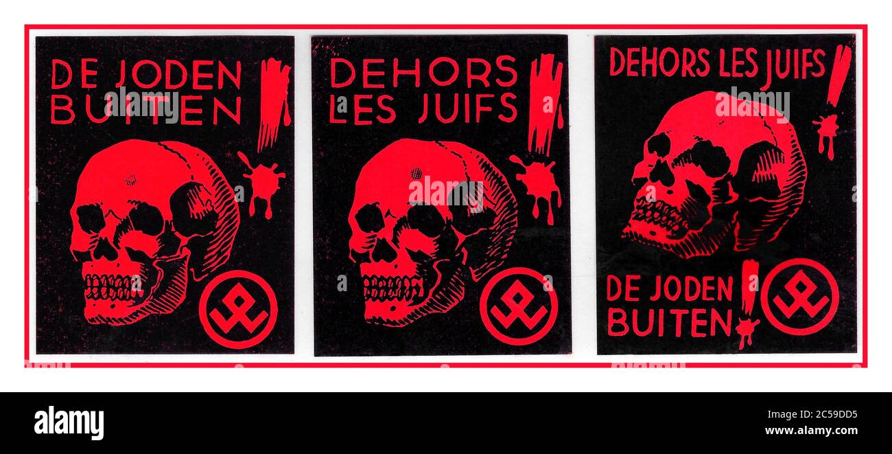 1930's ANTI-JEWISH PROPAGANDA LABELS issued by German Nazi party in Netherlands and Belgium  'de joden buiten' The Jews outside, Outside The Jews...The National Socialist Movement in the Netherlands was a Dutch fascist and later Nazi political party that called itself a “movement”. As a parliamentary party participating in legislative elections, the NSB had some success during the 1930s Stock Photo