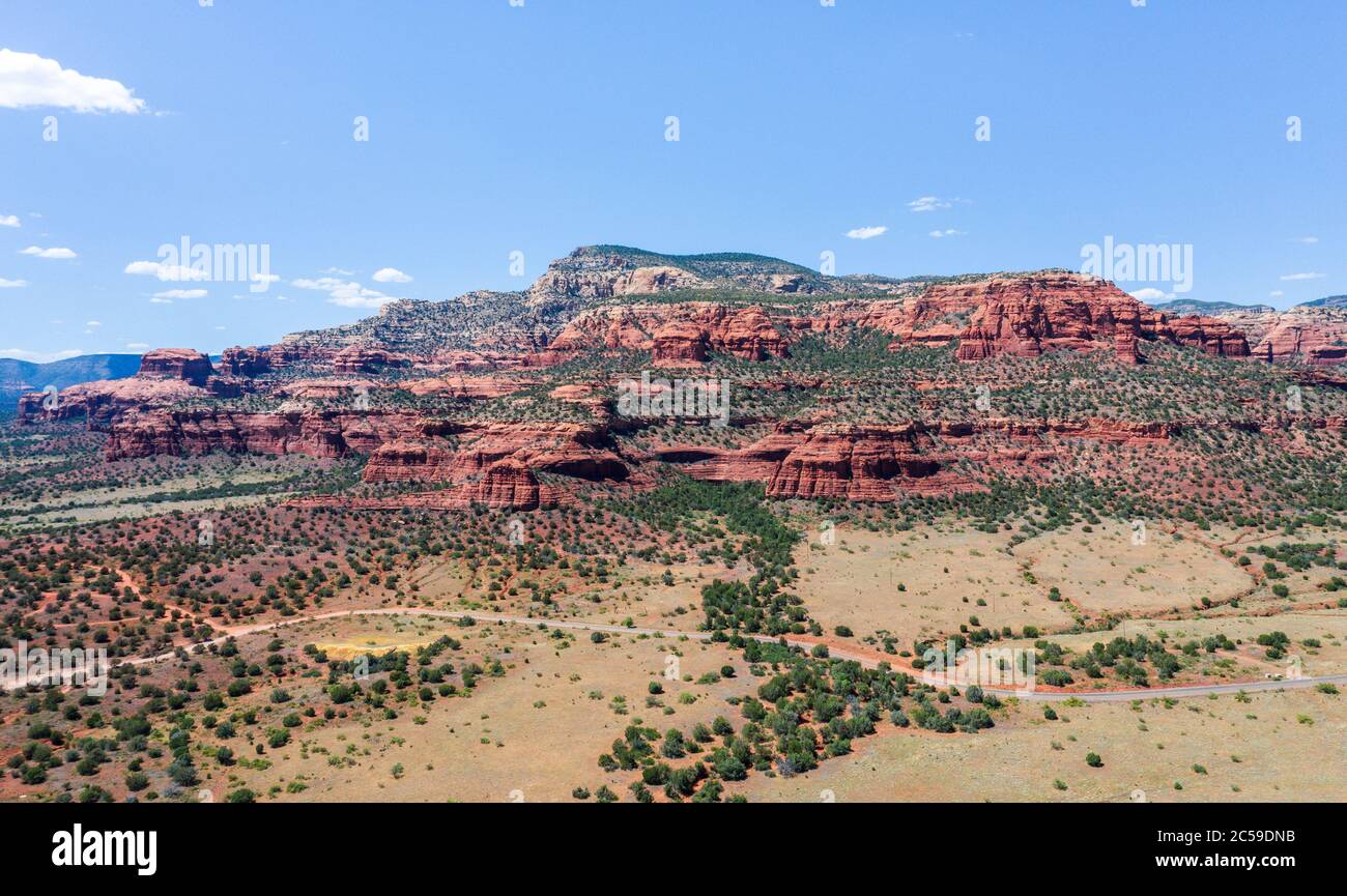 A Red Sedona Canyon captured from an Aerial Drone at an altitude of 40 meters Stock Photo
