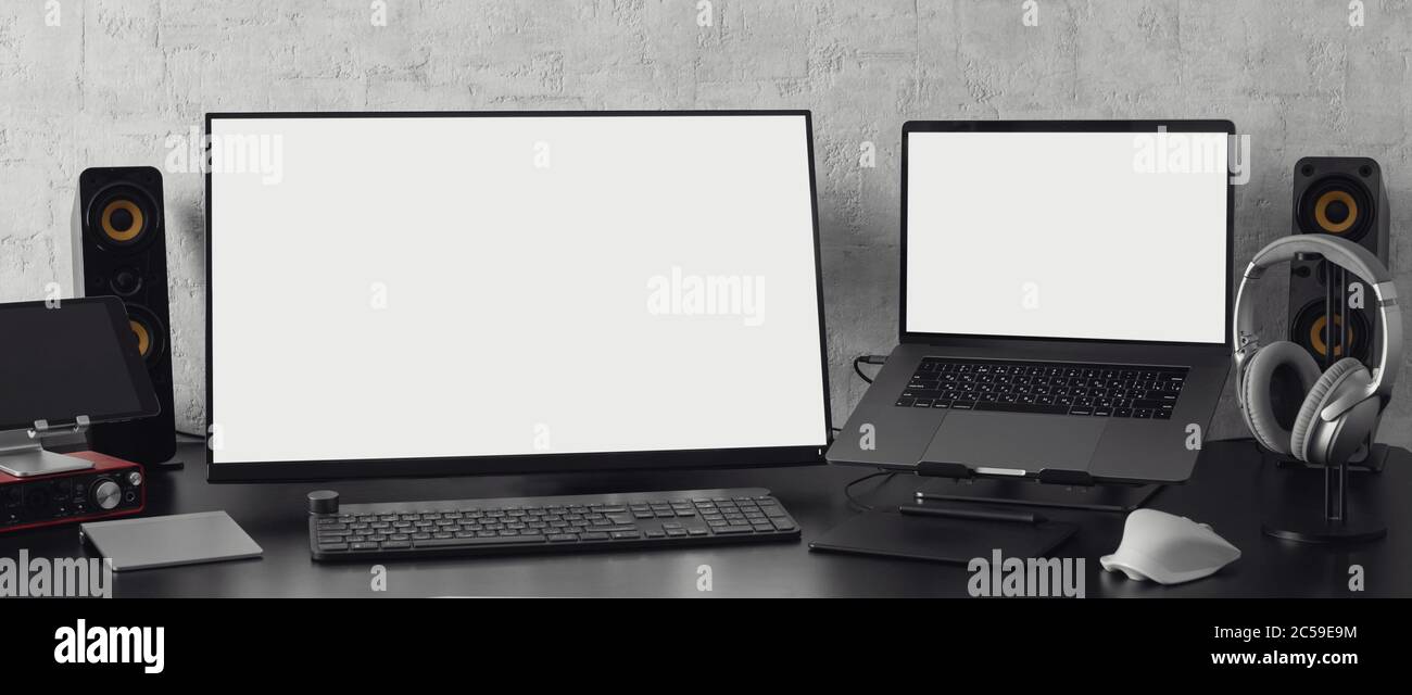 workspace at home with blank screen computers Stock Photo Alamy