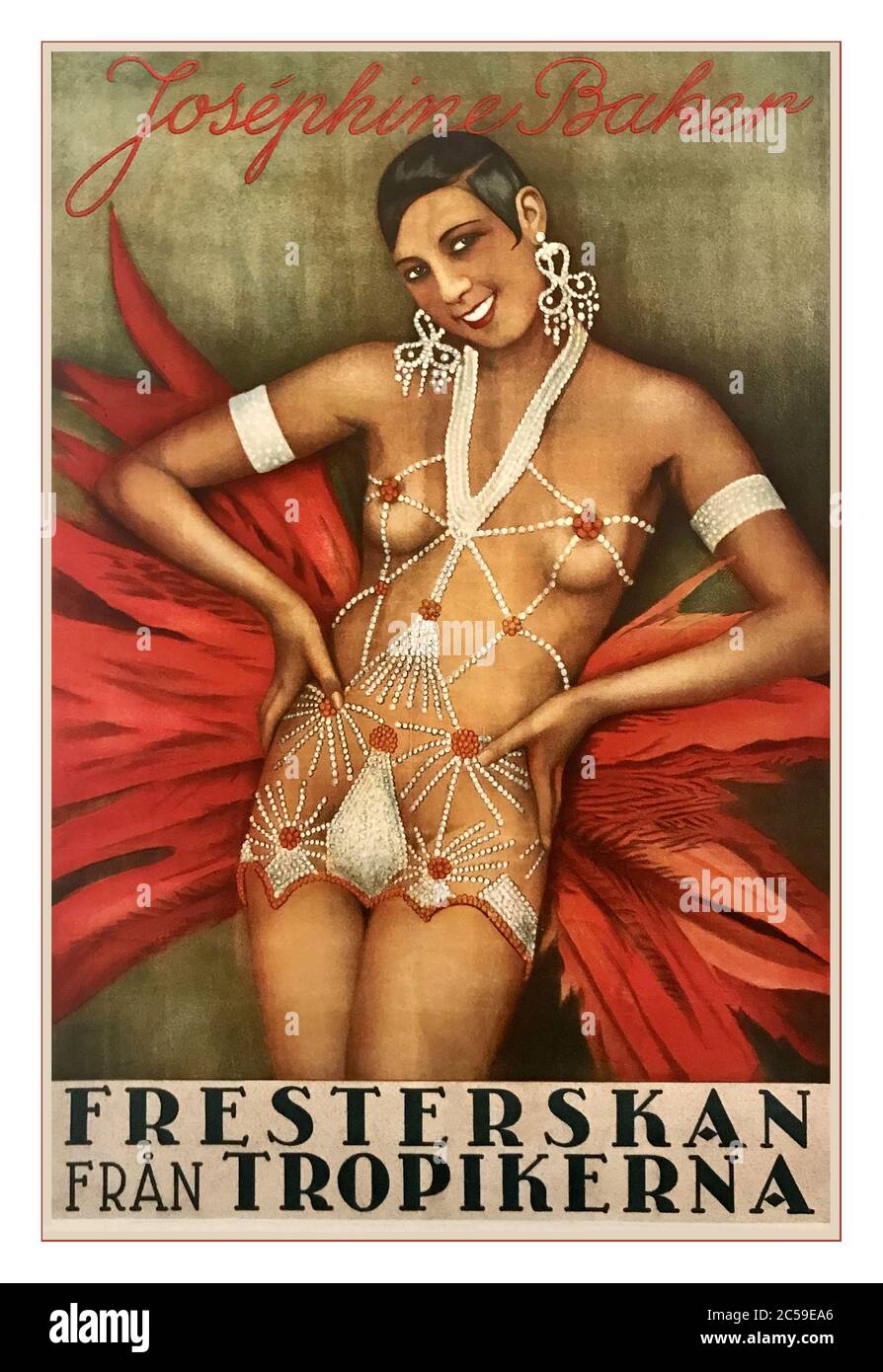 FOLLIES BERGERES ARCHIVE VINTAGE POSTER 1900’s Josephine Baker in her Follies Bergeres “pearl and feather costume.” Paris spectacle theatre Poster. A Swedish poster of “la Josephine” in her trademark Follies Bergeres pearls and feathers costume. This artwork was on the 1927 theatre programme for the Follies Bergeres Paris France. 'FRESTERSKAN  Fran TROPIKERNA'  ' Temptress of The Tropics' Stock Photo