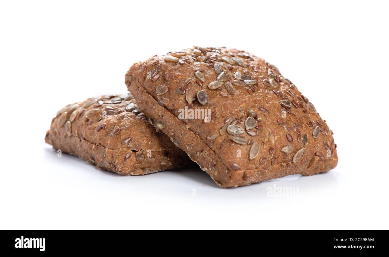 Whole wheat bread baked isolated on white, bio ingredients, healthy with seeds Stock Photo