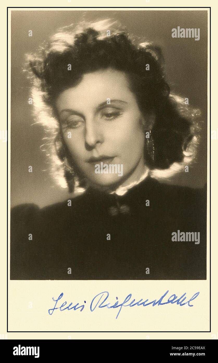 LENI RIEFENSTAHL Vintage promotional signed photo card. Leni Riefenstahl German Nazi Propaganda Filmmaker, was a film director, and propagandist for the Nazis. She directed Triumph des Willens  ('Triumph of the Will') and Olympia, two much acclaimed  Nazi Germany propaganda films of the1930’s prior to World War II Stock Photo