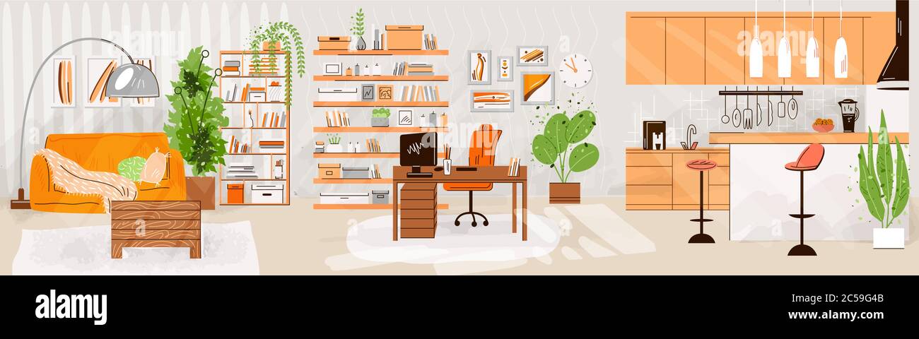 Vector flat set of home living and work interiors - Living room interior, kitchen, office work place, Comfortable sofa, desk, window, chair and house Stock Vector