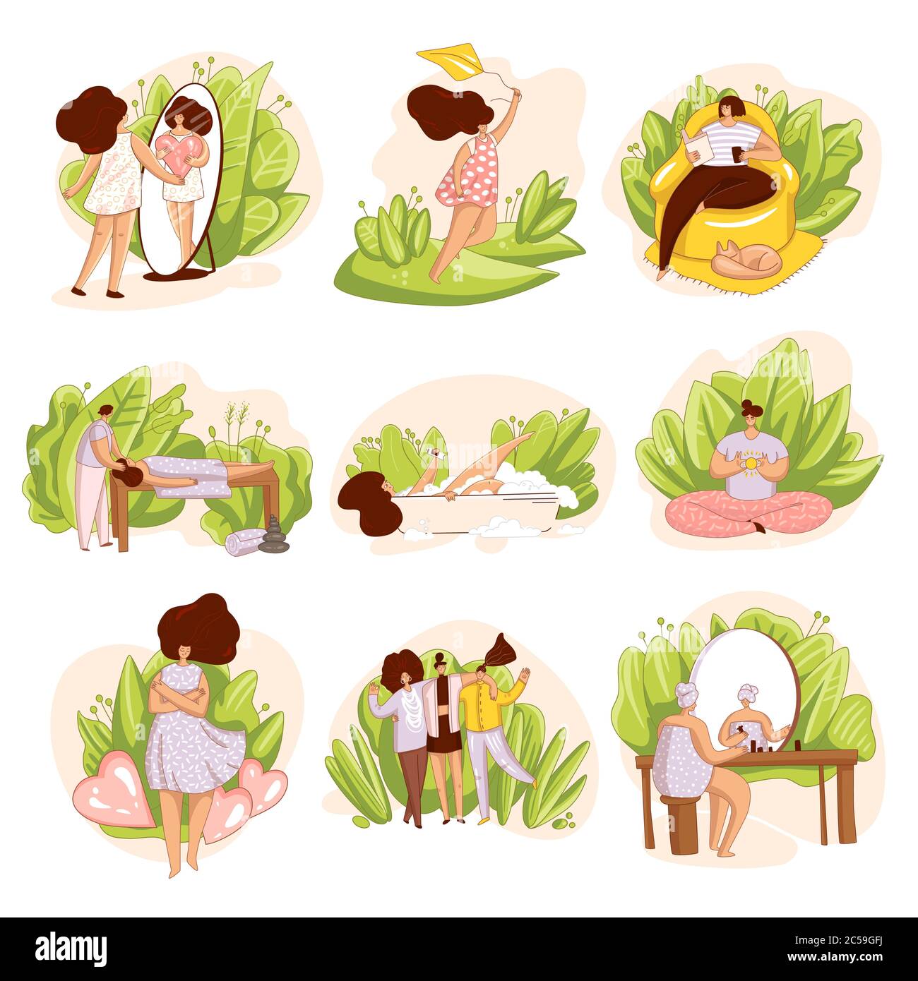 Vector set of girls, woman taking care of yourself. Spa salon, massage, reading a book alone, happyness and love yourself illustration, meditation and Stock Vector
