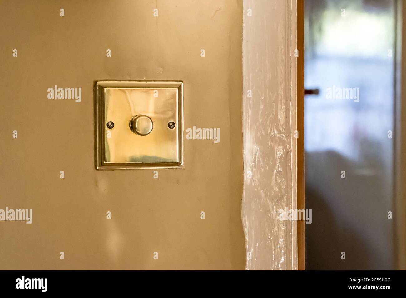 Isolated view of a brass light switch and dimmer seen recently
