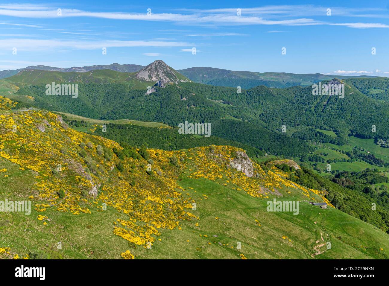 France, Cantal, regional natural park volcanoes of Auvergne (Parc naturel régional des Volcans d'Auvergne), Mandailles valley, puy Griou in the background Stock Photo
